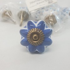 Lot Of 6 Ceramic Porcelain Pumpkin Drawer Pulls Knobs White Blue Antiqued Brass