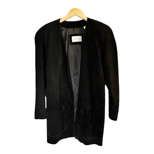LORD & TAYLOR Suede Coat Black Open Leather Designer Boxy Pockets Korea 6 EUC - Picture 2 of 9