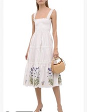 New Tory Burch Embroidered Smocked Square Neck Midi Dress Women's L