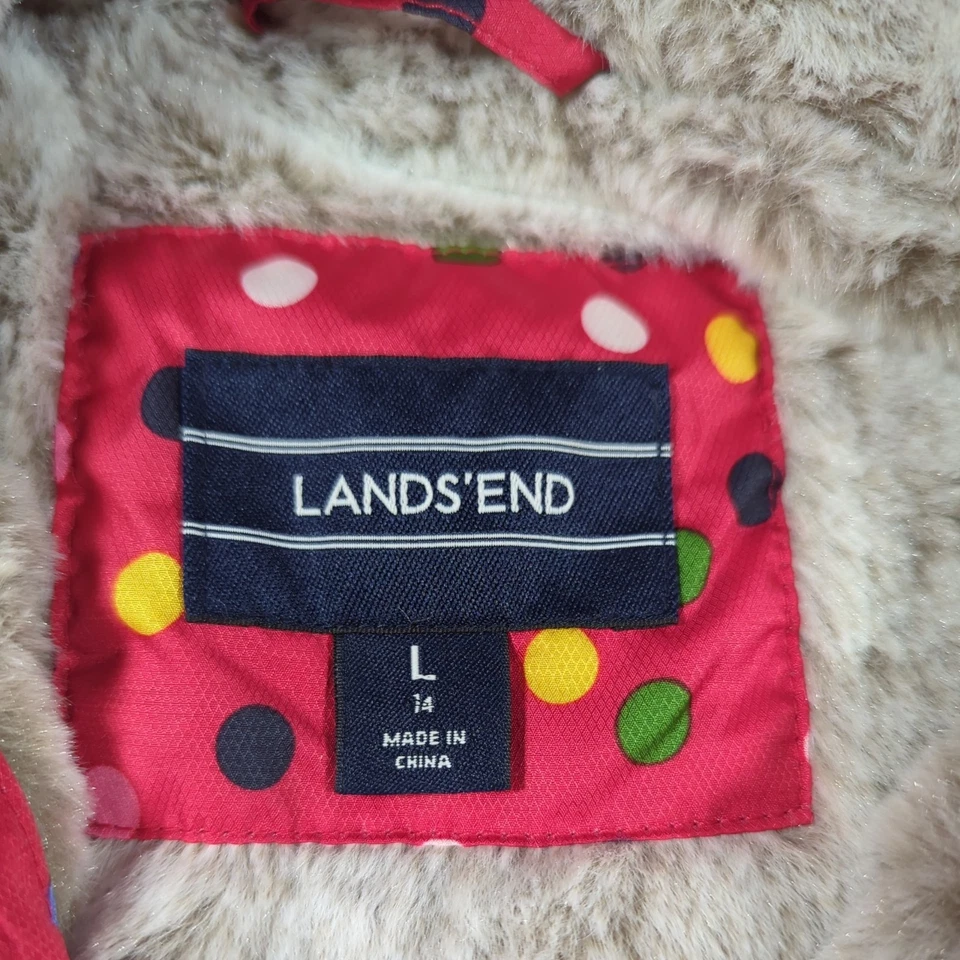 Lands' End Girls Sz 14 Large Coat Puffer Jacket Polka Dot Hood Faux Fur Pink - Image 3 of 4