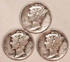 (3) Mercury Dimes - Very Fine - 1941P 1942P 1942D - #3591ED FREE SHIPPING