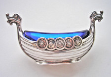 Sterling Silver salt in form of Viking Ship by Magnus Aase Norway - blue liner