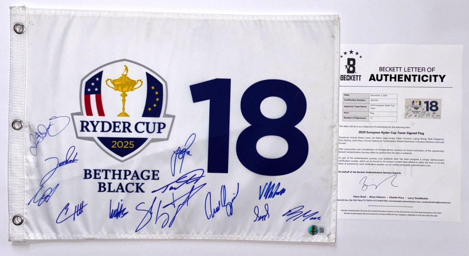 Rory McIlroy Autographed Signed 2025 FULL TEAM EUROPE RYDER CUP FLAG GOLF BETHPAGE BLACK 13 TOTAL BAS LOA 