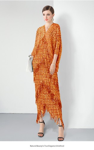 Vestido largo plisado manga murciélago 3/4 cuello en V con borla cuello en V suelto de gran tamaño para mujer - Imagen 16 de 30