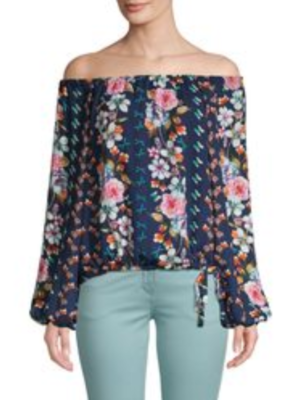 トップス Blue Parker $278 NWT PARKER SzXS OFF SHOULDER LONG SLEEVE TOP FLORAL