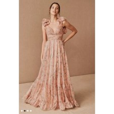 Mac Duggal Ruffle Tiered Floral Cut-Out Chiffon Gown Pink Multi Size 6 NWT