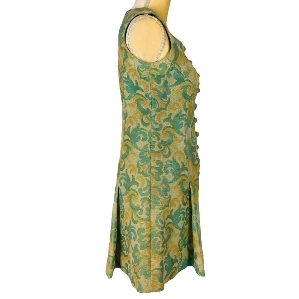 Vintage 1960s Dress Dress Size XS Green Yellow Floral Sleeveless Fabric Buttons - Image 2 of 4