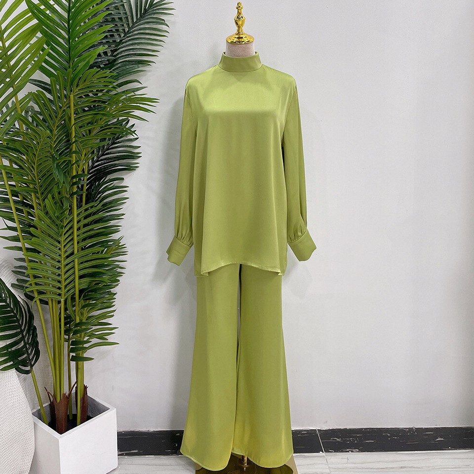 2 Piece Satin Sets Abaya Muslim Women Tops Wide Leg Pants Islamic 2-piece-satin-sets-abaya-muslim-women-tops-wide-leg-pants-islamic