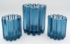 Set Of 3 Blue Flashed Glass Votive Candle Holders