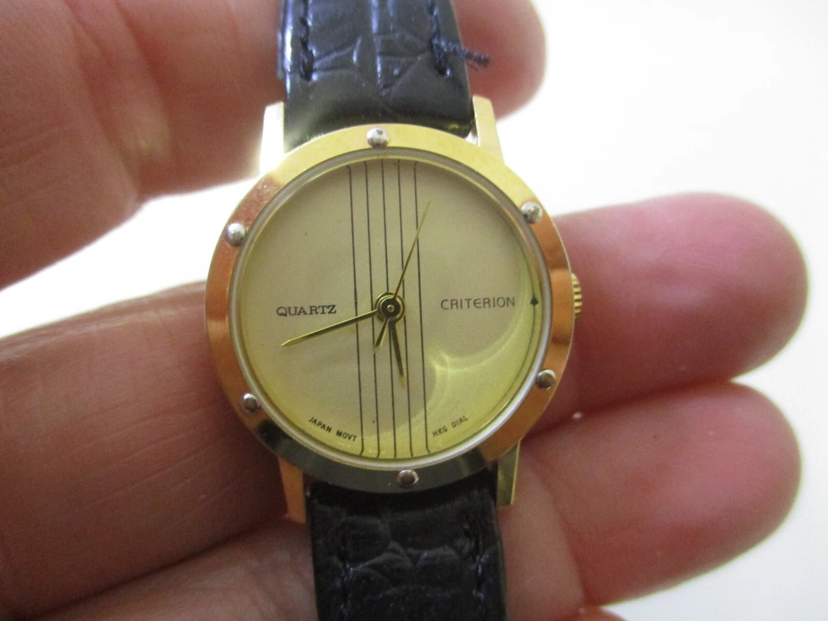 VINTAGE CRITERION GOLD FACE BLACK LEATHER BAND LADIES WATCH eBay