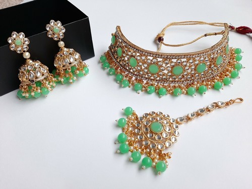Indian Jewellery Set Pista Kundan Gold 