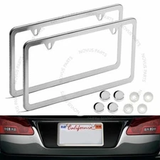 2X License Plate Frame New Stainless Steel 2 Holes Slim Cover Universal w/Caps