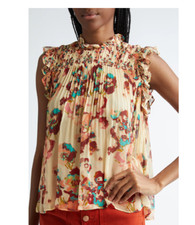 Ulla Johnson Georgina Floral Sleeveless Plissé Silk Top Size 8 Yellow