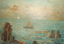 Contemporary expressionist oil painting seascape with a boat signed