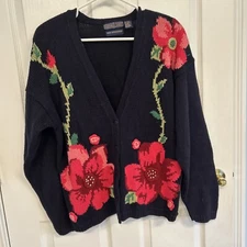 VTG Herman Geist Women’s Navy Cardigan Sweater Hot Pink Chunky Flowers Large 90s
