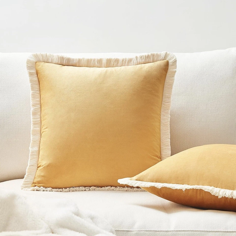 Novo Conjunto West Elm 2 Veludo Amarelo Boho Franja Fronha Capa Fossa 18x18 - Imagem 4 de 4