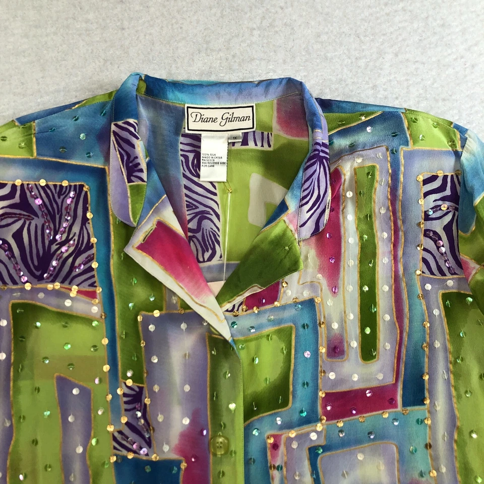 Blusa de seda para mujer Diane Gilman talla 1X colorida lentejuelas abstractas bordadas nueva con etiquetas Foto 2 de 4
