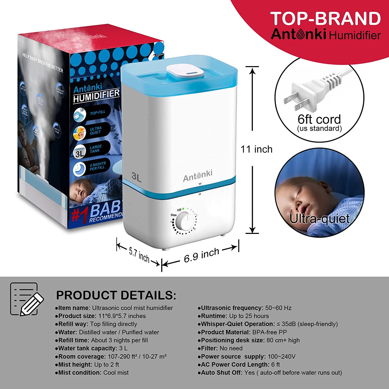 Humidifier for Bedroom, Top-Fill Ultrasonic Air Humidifiers for Baby, 3L Cool Mi