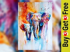 Colorful Elephant Family 5"x7" Print on Matte Paper | Majestic Watercolor Art