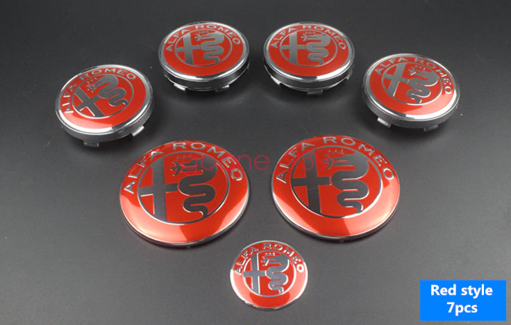 7 Set Alfa Romeo Red Wheel Center Caps Hood Rear Steering Wheel Emblems Badges