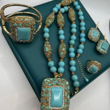 Fashion Turquoise Gems Inlay Rectangle Pendant Necklace Bracelet Ring Earrings