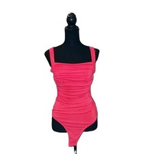 Lush Hot Pink Ruched Open Back Strappy Bodysuit Square Neck Sleeveless Top MD
