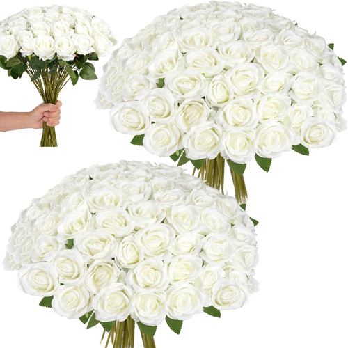 White Flake Roses White Roses Artificial Flowers Bulk, 52Pcs Fake Roses White Flowers ...