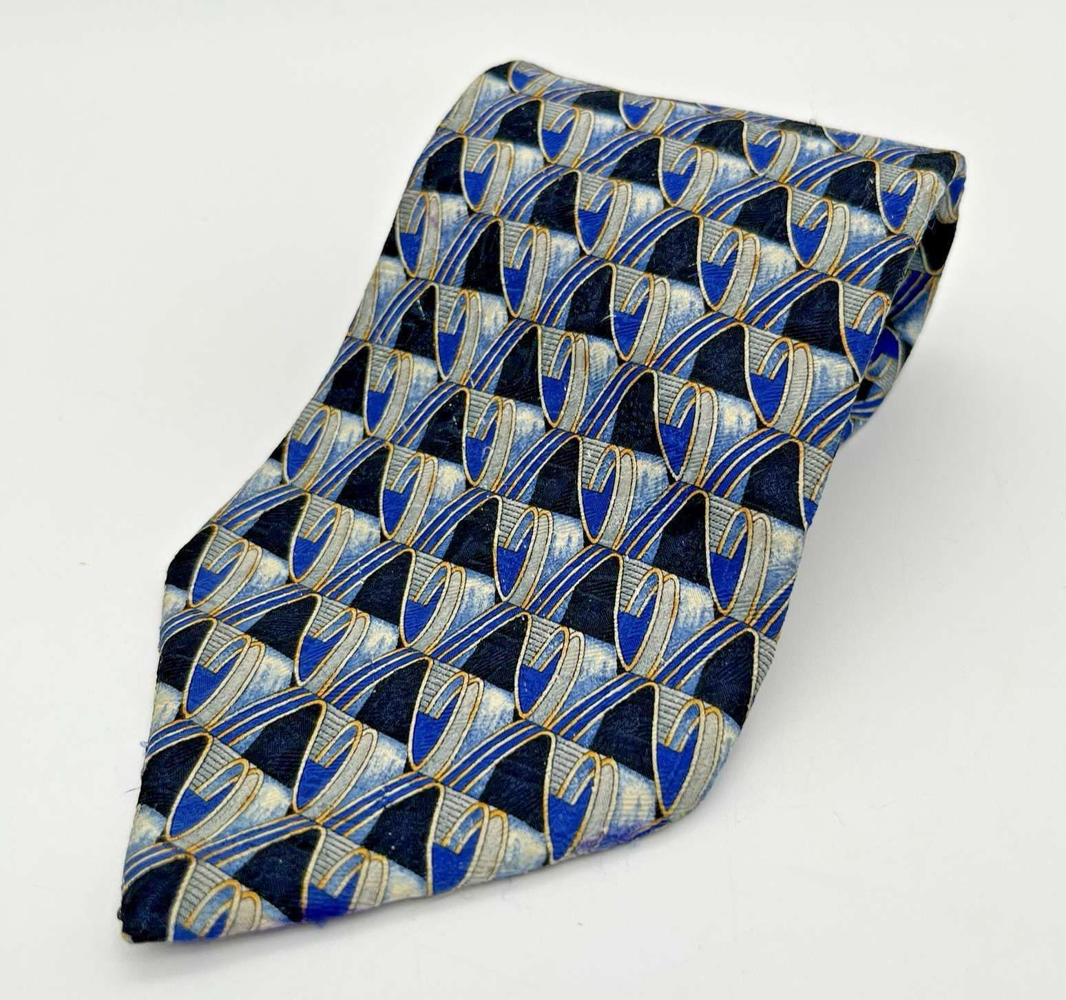 Ermenegildo Zegna Silk Tie Blue Gold Geometric 4” Exclusive Necktie Italy 58”