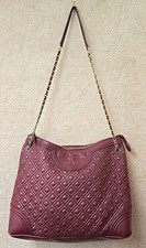 $598 Tory Burch Deep Berry Burgundy Quilted Leather Slouchy Tote Bag EUC