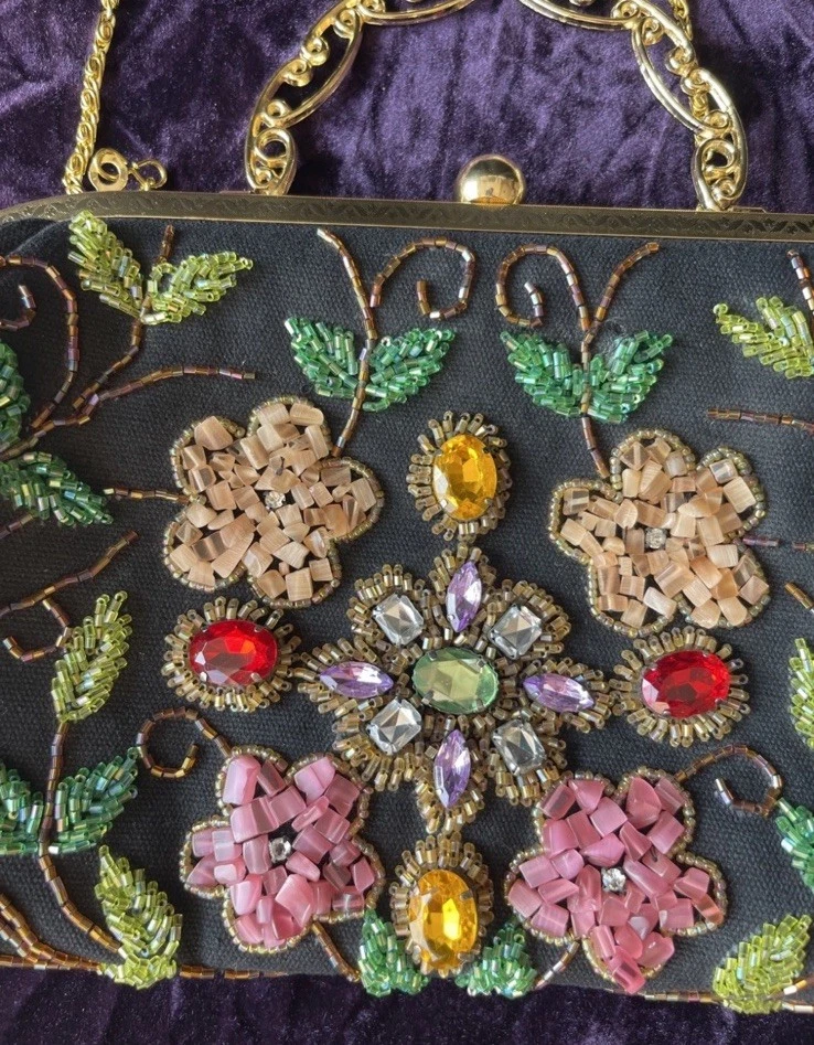 Bolso sin asas estilo Art Deco negro con cuentas estrás floral retro ornamentado vibrante Foto 2 de 4