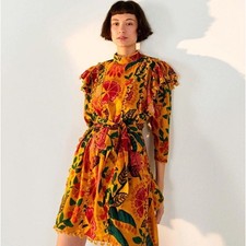 FARM Rio Yellow Flowerdoscopic Mini Dress Sz Medium Floral Ruffle