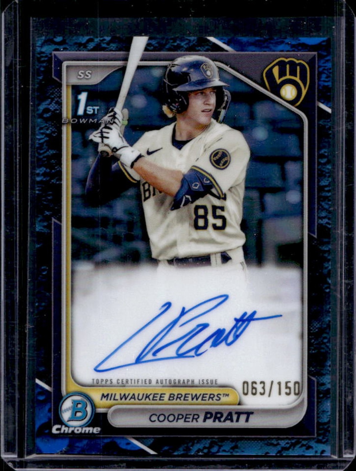 2024 Bowman Cooper Pratt Chrome Auto Blue Lunar Refractor 1st #/150 Brewers