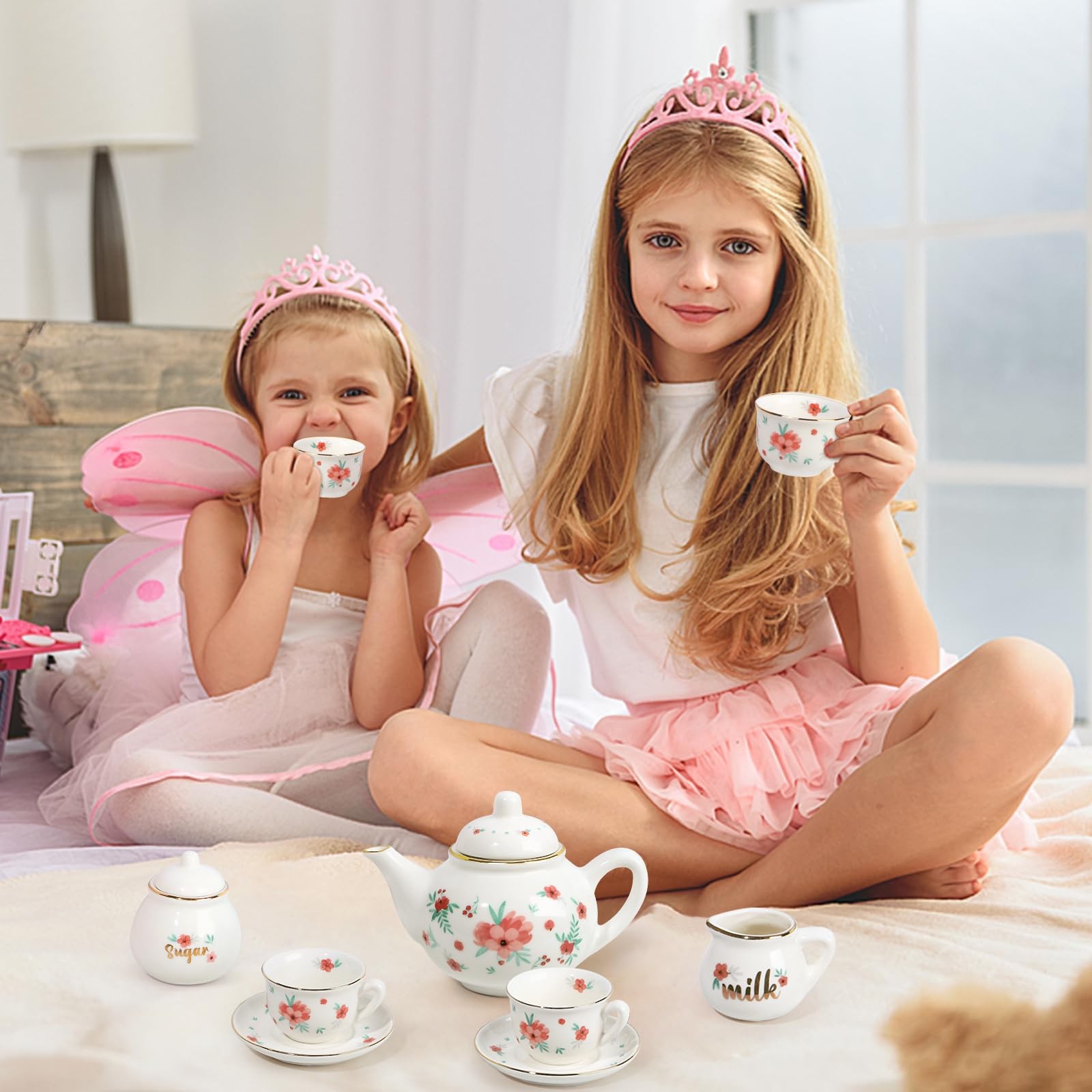 Tea Set for Kids, Ceramic Teapot  Cups, Princess Tea Party Toy Age 3+