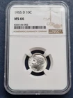 1955 D Roosevelt Dime 10c Silver Uncirculated Graded MS66 by NGC #93844
