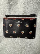 Coach Corner Zip Wristlet with Cherry Print in black Coated Canvas