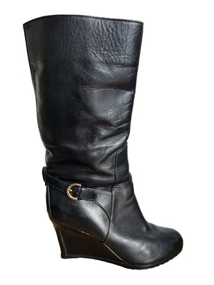 Sergio Rossi schwarze halbhohe Lederstiefel zum Überziehen Keilabsatz UK 5 EU 38 EUC