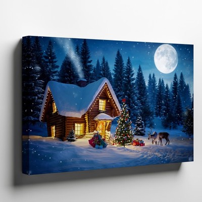 Cozy Snow Covered Cottage Nestled Among Tall Dark Evergreen Wall Art Home Decor