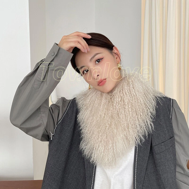 Women Real Mongolian Lamb Fur Scarf Wrap Shawl Collar Neck Warmer Warm Scarves