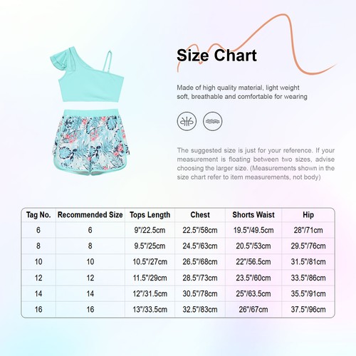 Girls Swimsuit Tankini Tropical Print One Shoulder Tops with Shorts Bathing Suit - Picture 15 of 48