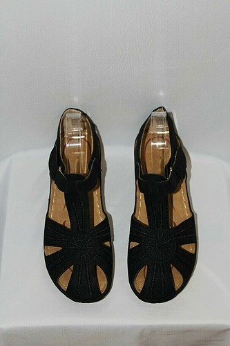 Casual Comfort Black Leather Low Wedge Sandals Embroidered Lightweight NIB 11 42 - Picture 2 of 10