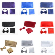 Men Plain Satin Cummerbund Bow Tie Pocket Square Wedding Party Business Suit Set
