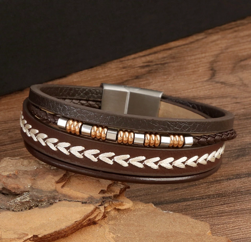 Pulsera de cuero genuino marrón 4 bandas cuerda de cera flecha blanca de 24 mm para hombre 8" Foto 3 de 4