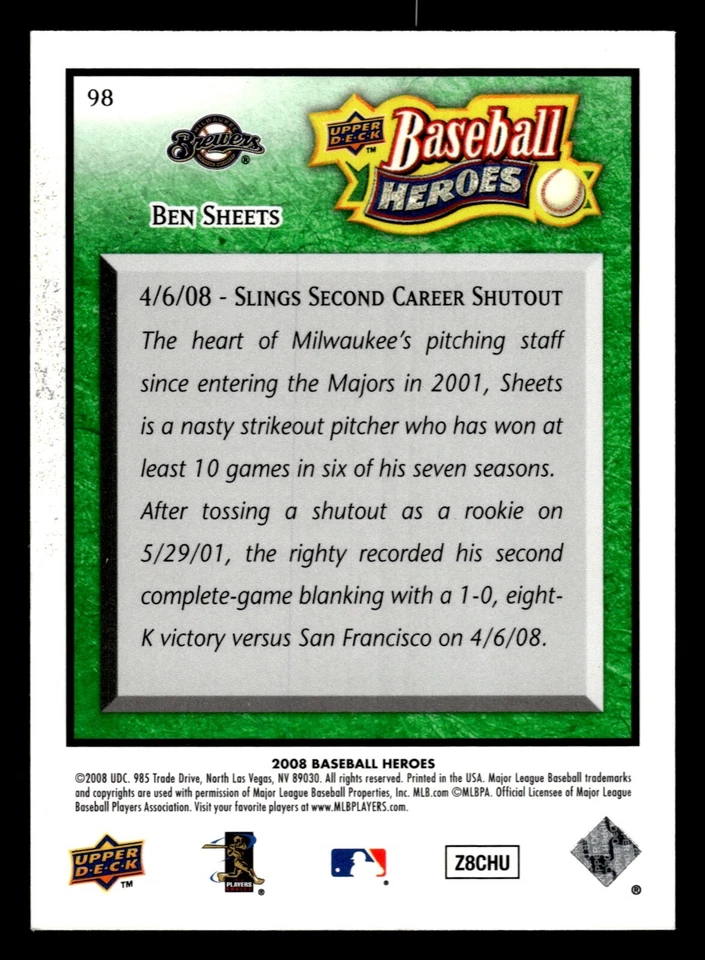 2008 Upper Deck Baseball Heroes Emerald /499 Ben Sheets #98 - Image 2 of 2