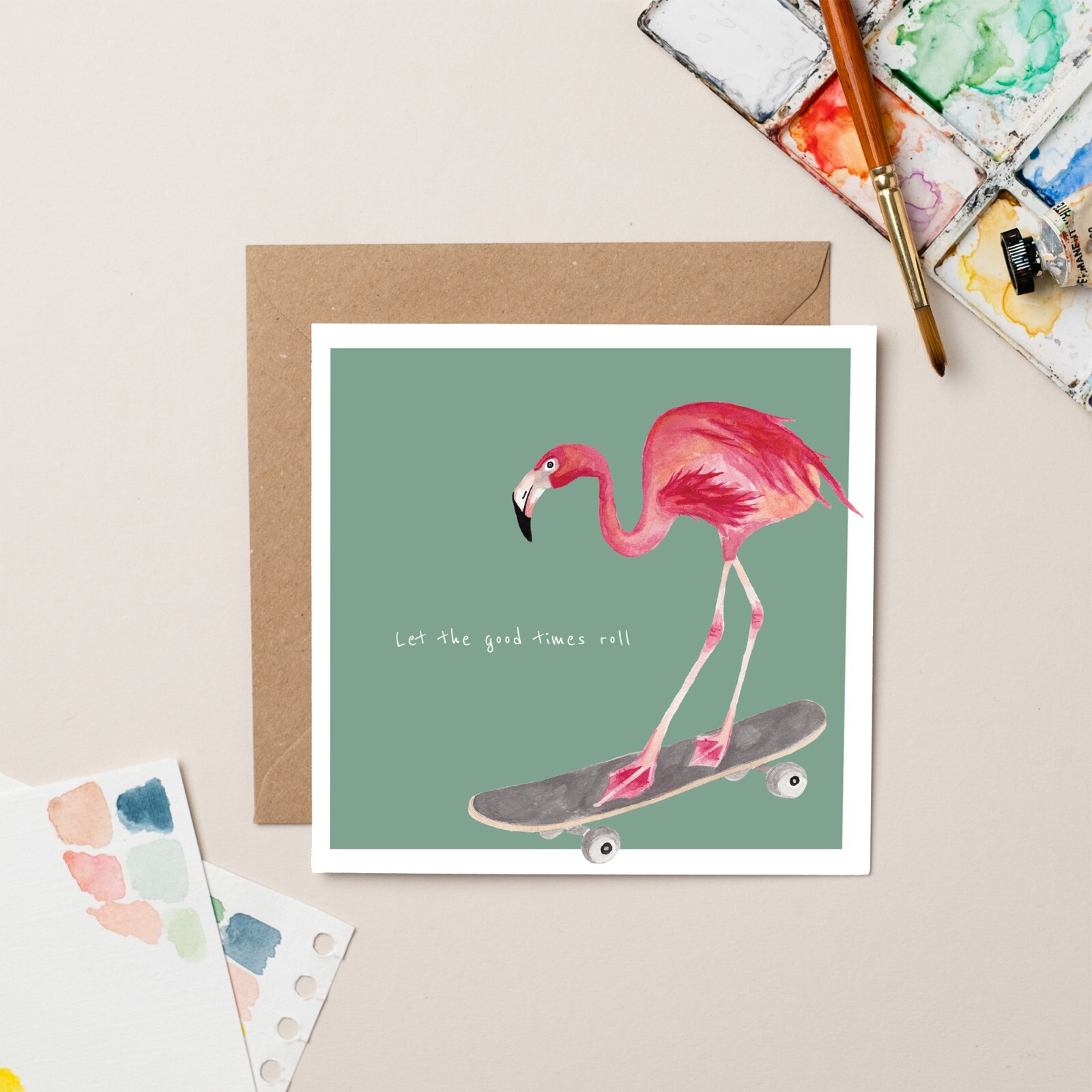 Flamingo Skateboard Card - Modern Stylish Illustrated Watercolour Greeting