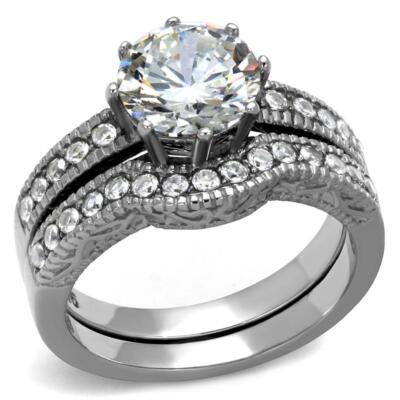 Hematite Tone Ornate Solitaire Ring Guard Wedding Set