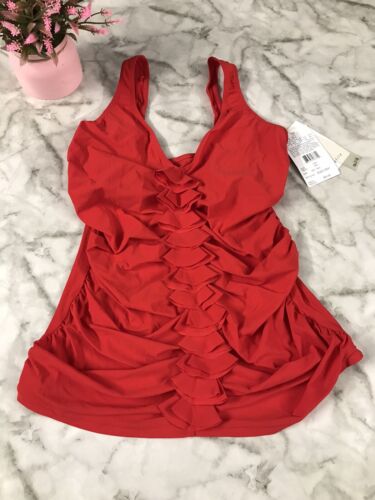 Profile Womens 34D Swim Tankini Top Red Solid Swimwear Suit Designer Fashion $94