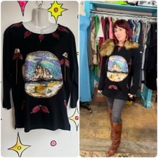 Vintage 1980s Oversized Black Embellished Punk Western Boho T Shirt Size S