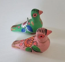 Vintage Tonala Mexican Folk Art Pottery Bird Ornaments Hand Painted Set Of 2