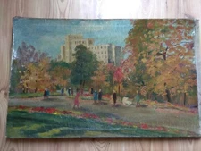 Vintage Oil Painting Soviet USSR Socialist realism landscape People park buildin