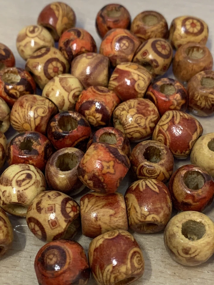 Mixed Tribal Pattern Wood Beads 100X Wooden Macrame Pony Dreadlock Bead 12mm - Image 4 of 4